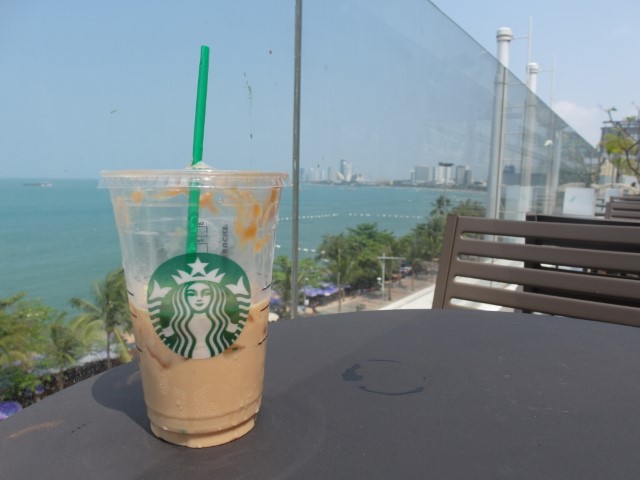 Enjoying a Starbucks Caramel Macchiato at the top of Royal Garden Plaza
