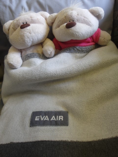  Snuggled comfortably aboard EVA from Taoyuan International Airport back to Singapore