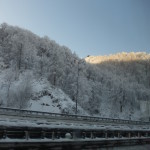 Sunny snowy landscape after the tunnel