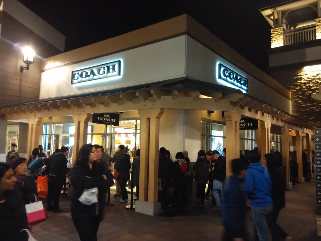 Patient shoppers waiting in line at Coach San Francisco Premium Outlets during Black Friday Sales
