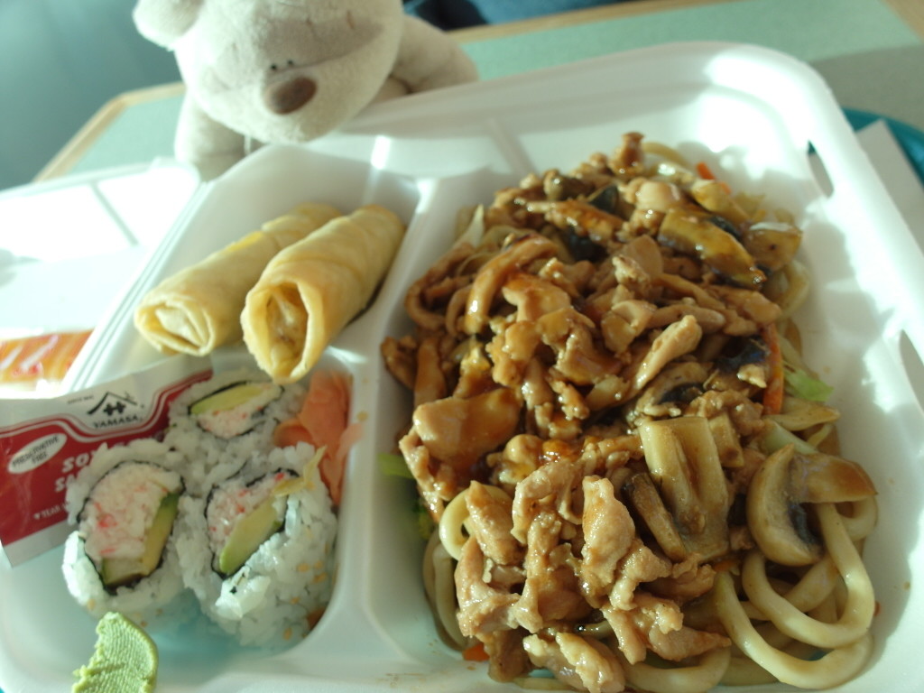 Chicken Yakisoba with california roll and spring roll. $11.99