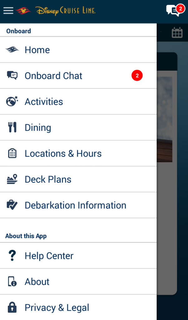 Menu Page of Disney Cruise Navigator App