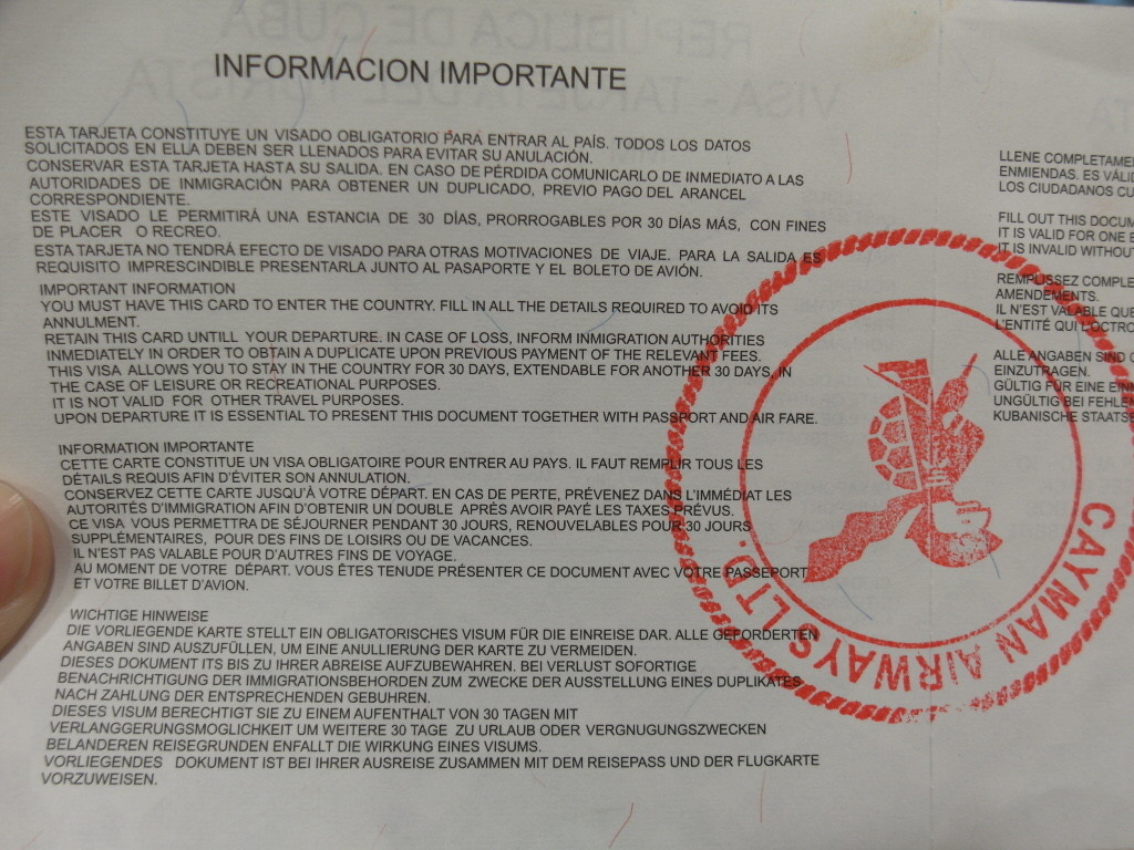 Instructions on Cuban Tourist Card