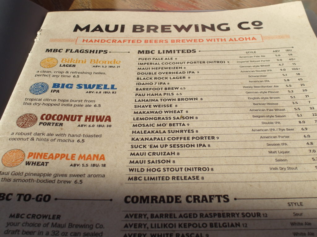 Maui Brewing Company Beer Menu