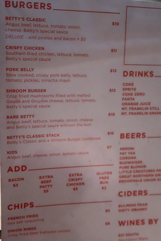 Betty's Burgers Chermside Westfield Burger Choices