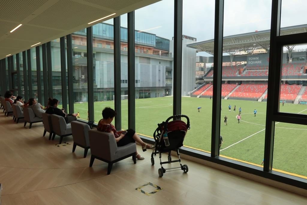 Seated area for "VIP" view of the soccer field at the Tampines Public Library