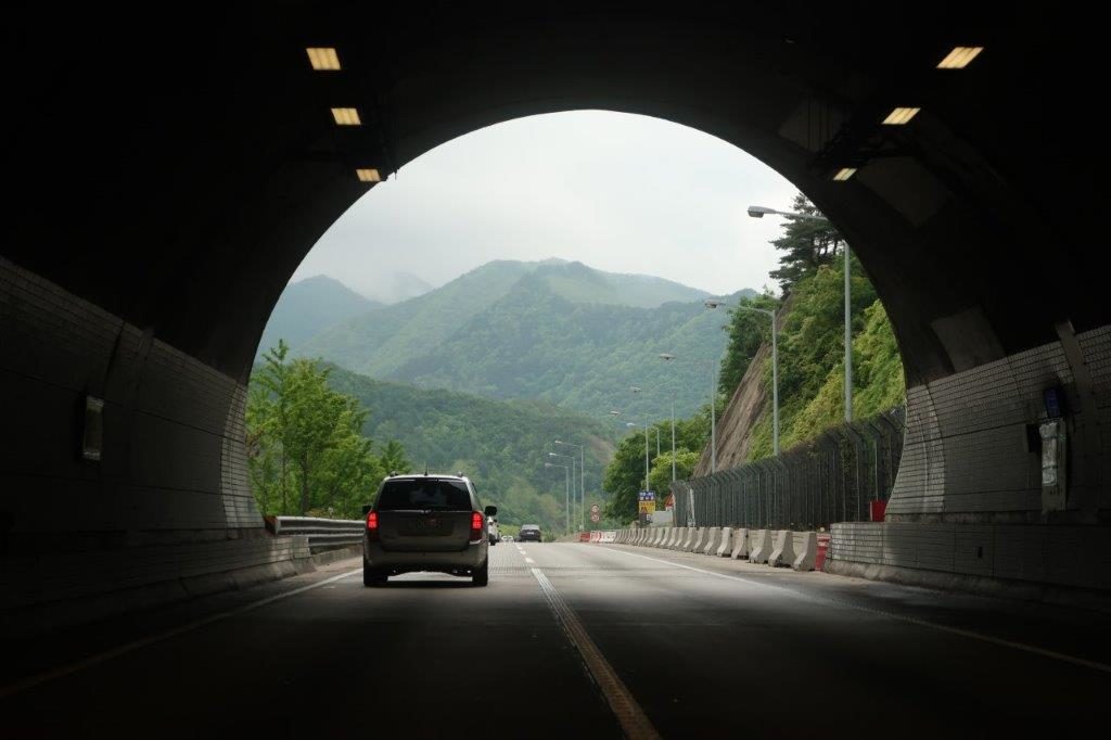 Majestic mountains after exiting a tunnel in South Korea