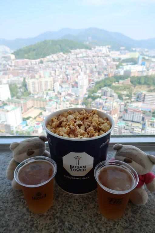 Our popcorn beer set at the top of Busan Tower!