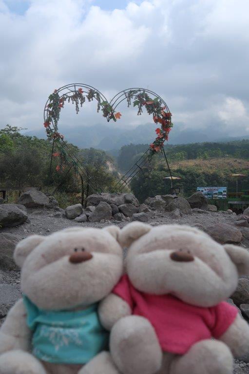 2bearbear and heart shaped structure with Mount Merapi in the background
