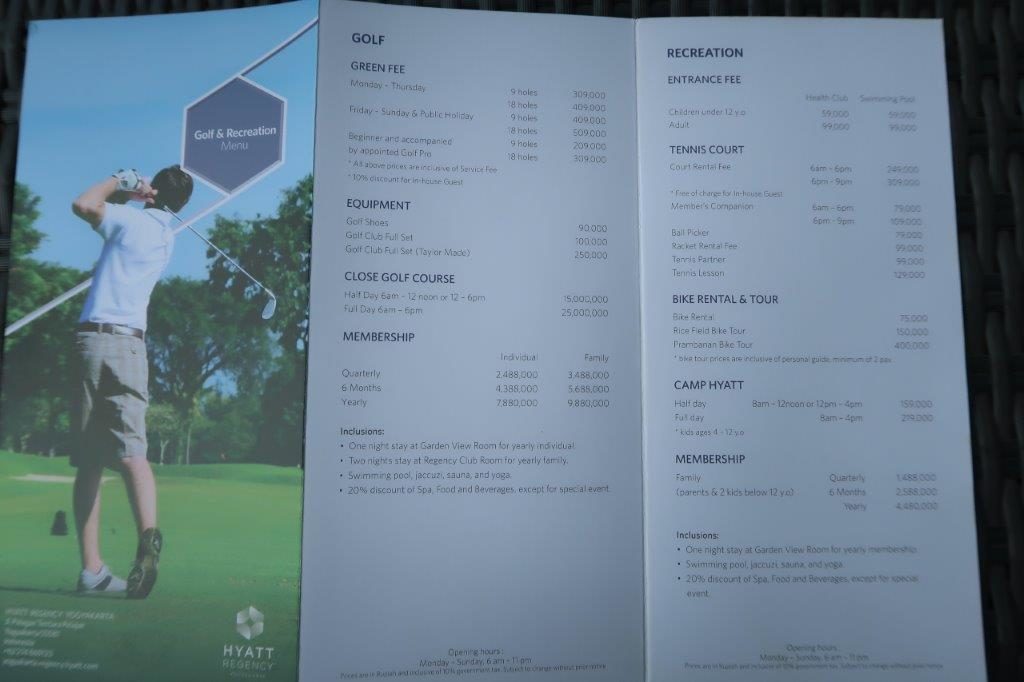 Golf activities price list Hyatt Regency Yogyakarta