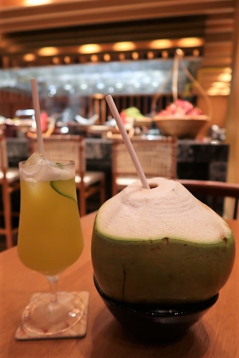Samui Soul Mocktail (Melon, Coconut, Pineapple, Basil Lime Concoction) and Coconut Water