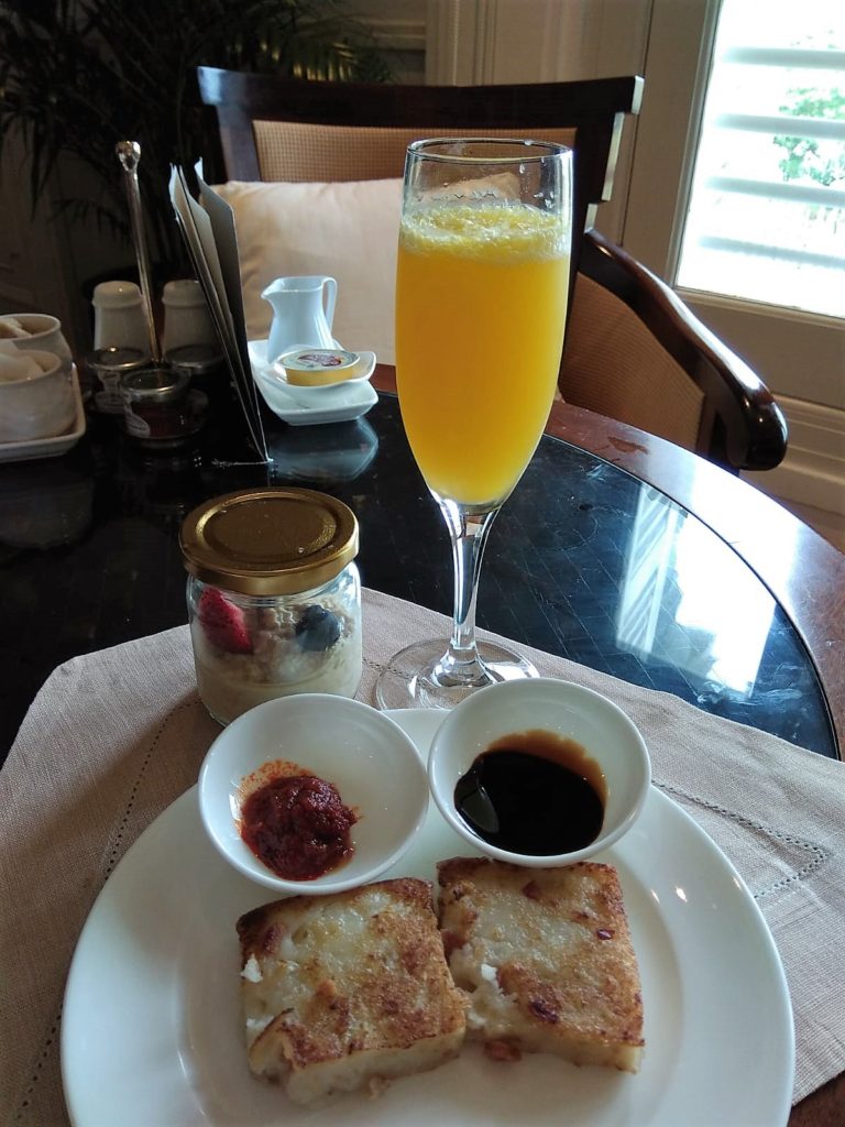 Pan-Fried Turnip Cake with Mimosa at the Straits Club Breakfast Fullerton Hotel Singapore