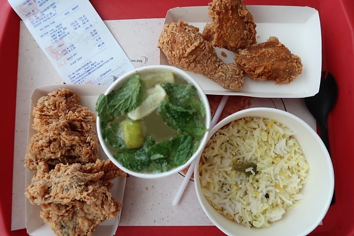 3 small pieces and 2 large pieces of KFC chicken (with rice and drink) for ~460rupees ($9.5SGD)