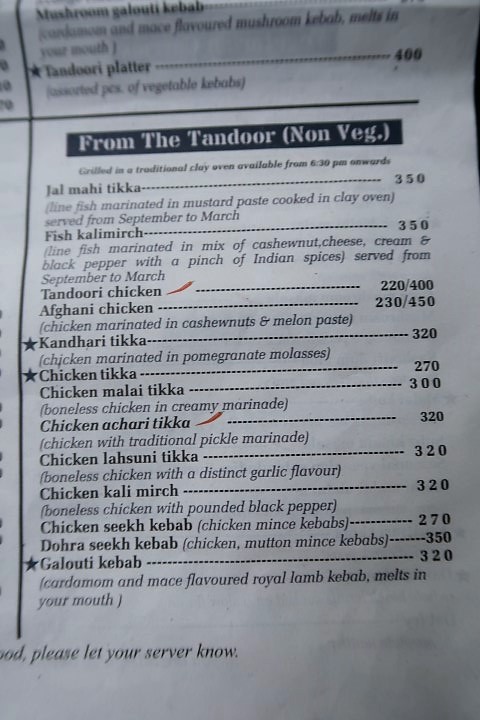 Menu of Non-Veg Tandoor at Peacock Rooftop Restaurant (available from 6:30pm onwards)