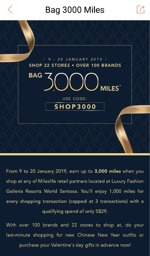 Get up to 3000 miles for transactions at Luxury Fashion Galleria Resorts World Sentosa