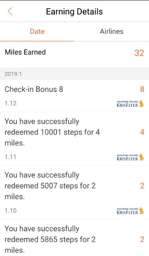 Miles Accumulated by Checking-In and Clocking Steps on the Mileslife App Singapore