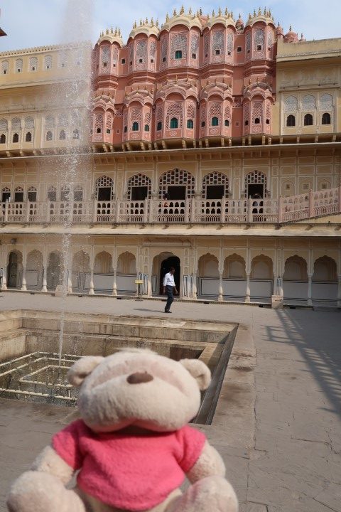 Inside Hawa Mahal Jaipur with a fountain in the centre of the courtyard