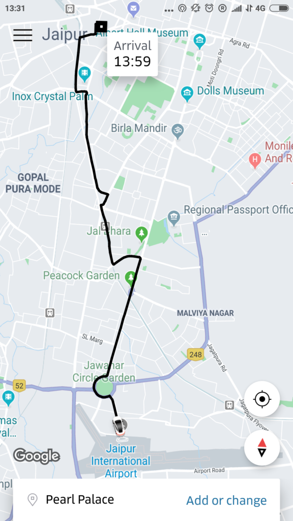 Taking Uber from Jaipur Airport to Hotel Pearl Palace - Knowing our exact location via GPS enroute