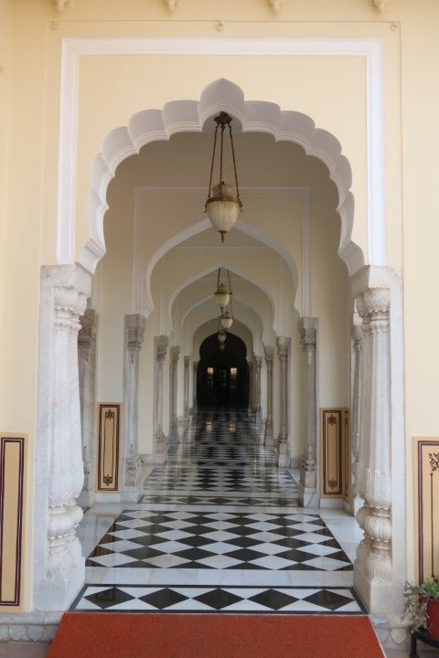 Perfect symmetry along the corridors of Rambagh Palace Hotel Jaipur