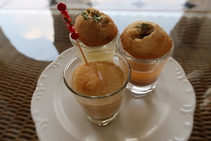 Pani Poori - Savoury Puff Dumplings filled with Flavoured Water at Verandah Cafe Taj Rambagh Palace Hotel Jaipur