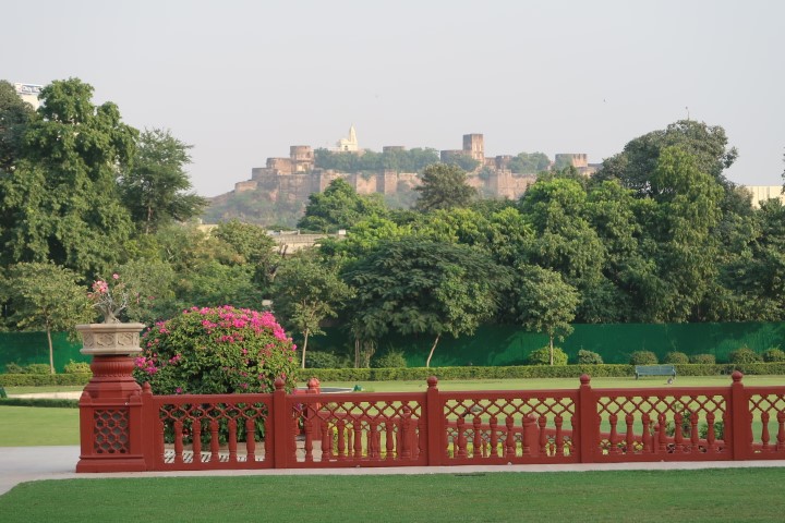 Moti Doongri Fort seen in the distance from Verandah Cafe of Taj Rambagh Palace Hotel in Jaipur