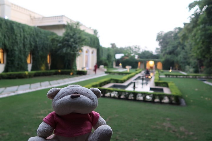 Indoor swimming pool of Taj Rambagh Palace Hotel - complete with a lyre player in the gardens! :O
