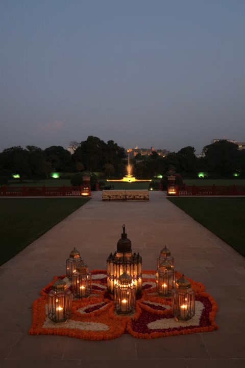 The Rangoli lighted at Taj Rambagh Palace in the evening...