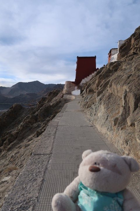 Climbing the stairs to Tsemo Gompa