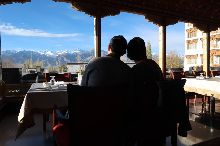 Enjoying breakfast with views of the Himalaya Mountain Range (Stok Kangri) at The Grand Dragon Ladakh