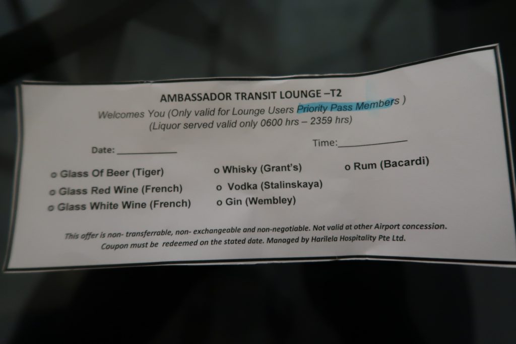 Drink coupons for exchange of alcoholic drinks at Ambassador Transit Lounge Terminal 2 Changi Airport