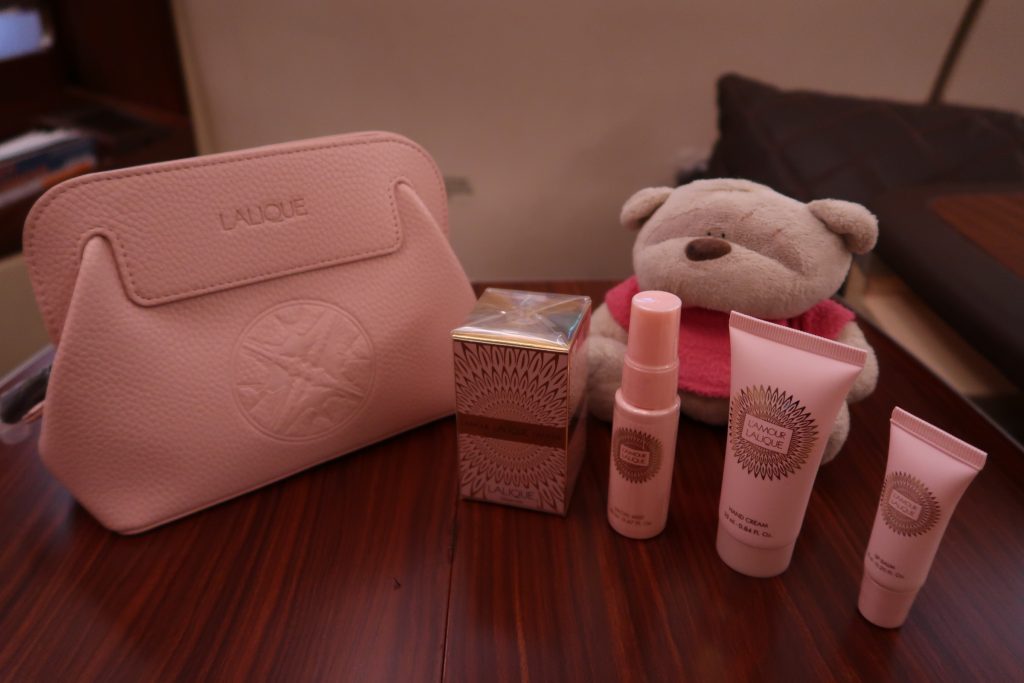 SQ First Class Suites Lalique Amenities for Ladies including perfume, hand cream, lip balm and facial mist 