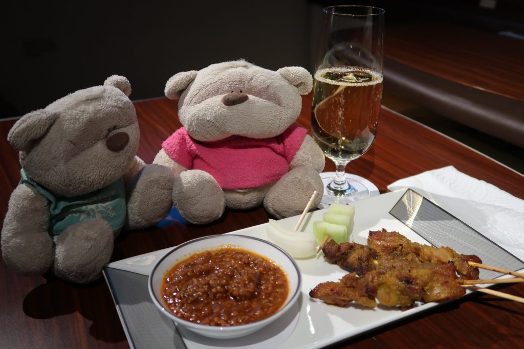 Singapore Airlines First Class Suites Lunch - Chicken and Beef Satay with Dom Perignon