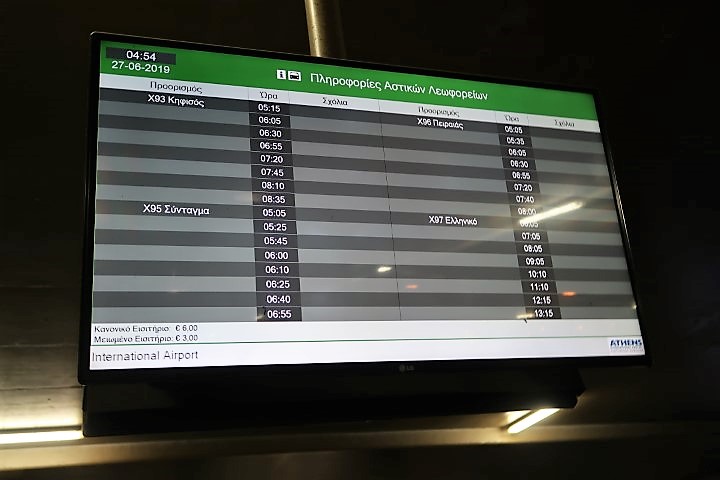 Bus departure timings from Athens airport to Syntagma Square (we took the X95 at 5:05am)