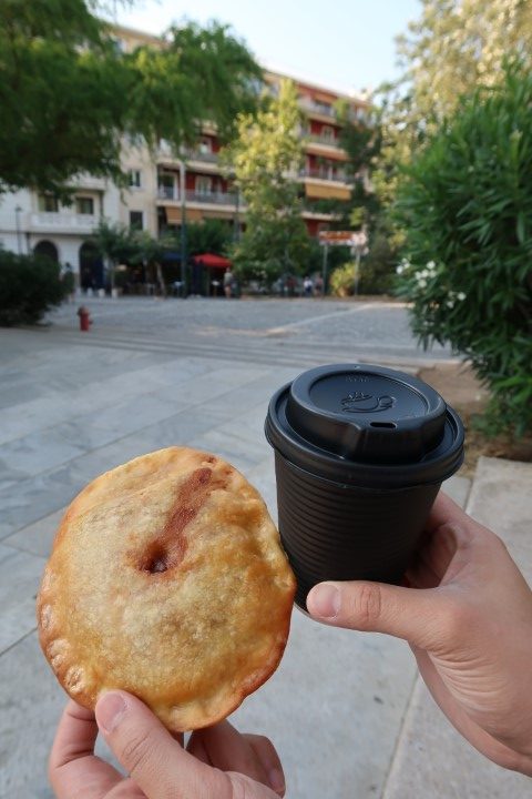 Eggplant pie (1.5 euros) and Cafe Latte (2 euros) before entering Acropolis Athens