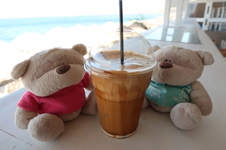 Chilling with ice coffee (3 euros) at Vlychada Beach (White Beach) - 3 euros