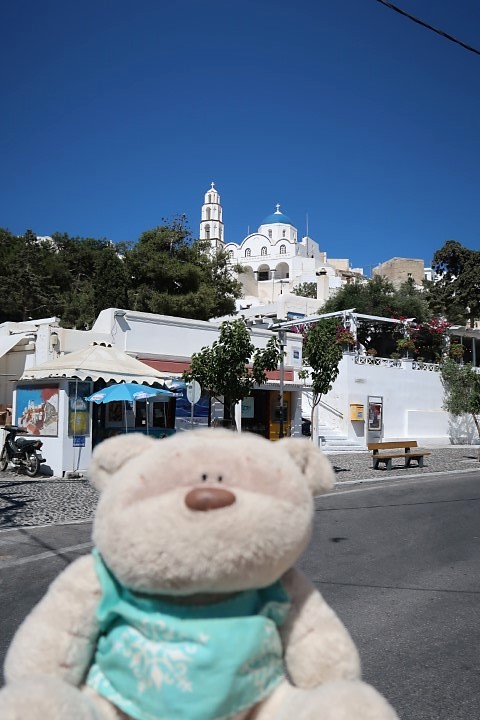 Pyrgos and the famous blue top church (Santorini)
