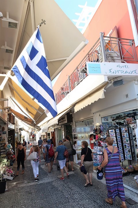 Streets of Fira lined with shops and restaurants