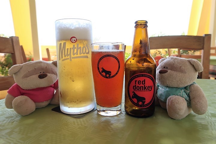 Mythos beer on draught (4 euros) and Red Donkey (6 euros) at Dionysos Fira Santorini