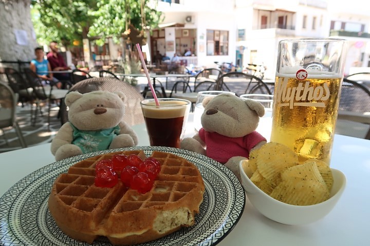 Having a Naxos Cherry Waffle (6.5euros), Iced Coffee (3 euros) and Mythos Beer (3.5 euros) at Filoti Cafe Naxos