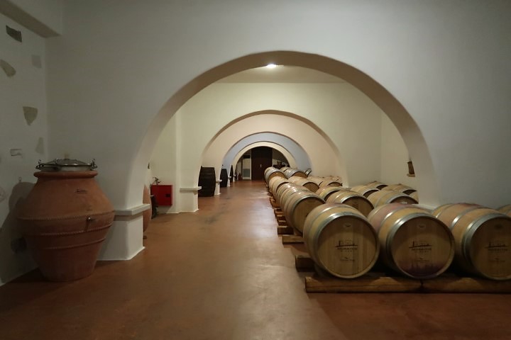 Wine barrels in basement of Moraitis Winery Paros Greece