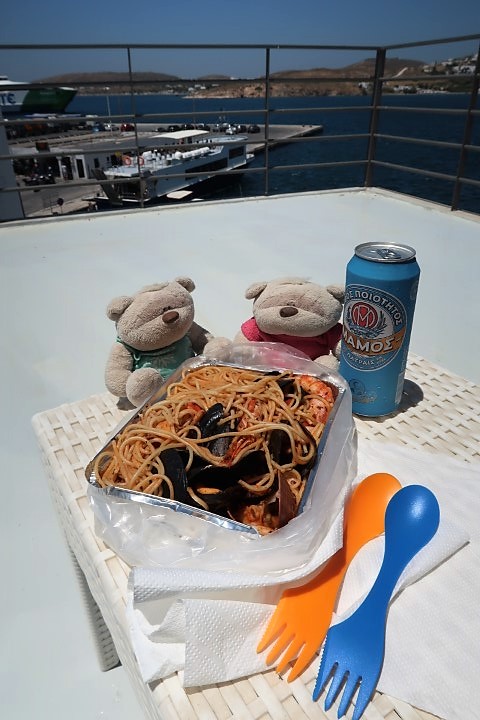 Seafood pasta (14 euros) - Lunch at Hotel Oasis Paros