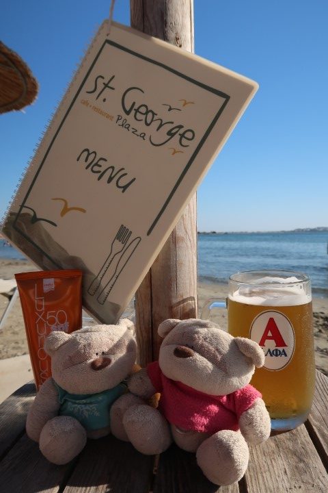 Alpha beer and lots of sunscreen at St. George Beach Naxos