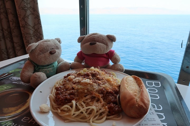 Lunch at in-house restaurant of Blue Star Ferries (spaghetti 6.7 euros with bread)