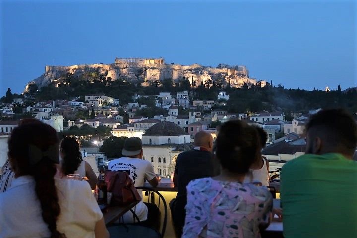 View of Acropolis from MS Roof Garden (Monastiraki Athens Rooftop Bar) in the evening
