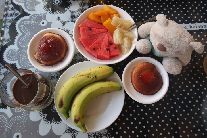 Breakfast at NGO House Villa includes fruits, pancake and coffee :)