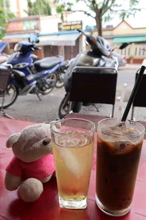Stopping at a local coffee joint for iced coffee (15K VND - 90 cents SGD)
