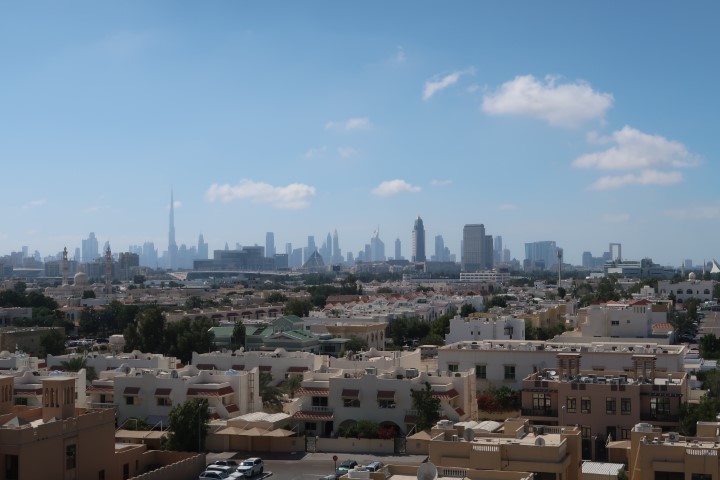 View of Dubai City Skyline from Rooftop Pool of Premier Inn Dubai International Airport Hotel