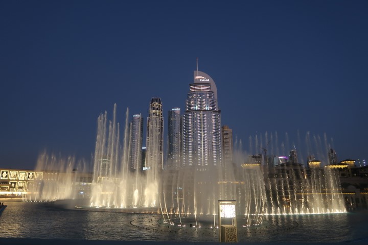 Dubai Fountain from Urbanscape Green Roof at Dubai Opera Garden 