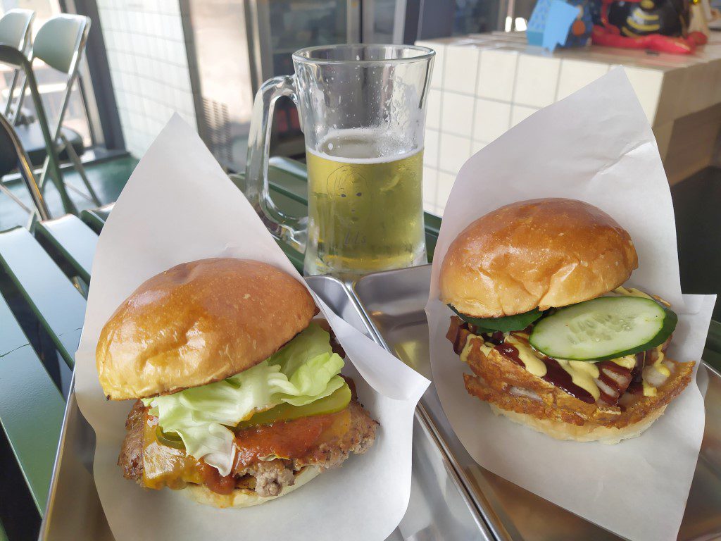 Lil's Taproom Classic Beef Burger and Crispy Pork Belly Burger with Koshinikari Rice Lager (aka Biiru Please)