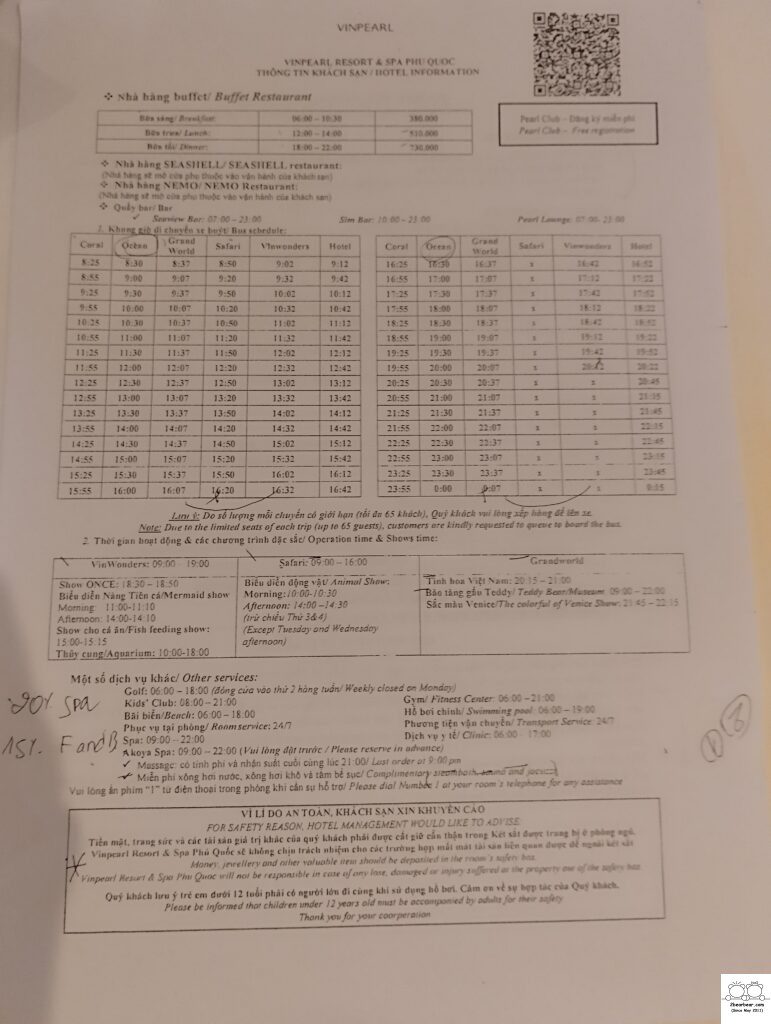 Bus Schedule from Vinpearl Resort & Spa Phu Quoc to Vinpearl Safari, VinWonders and Grand World Phu Quoc